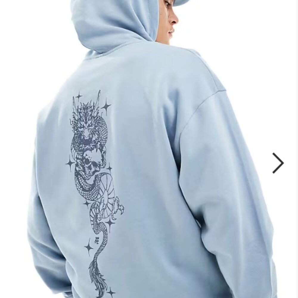 Light grey-blue Men's hoodie with dragon-printed back, NWOT, Size Large